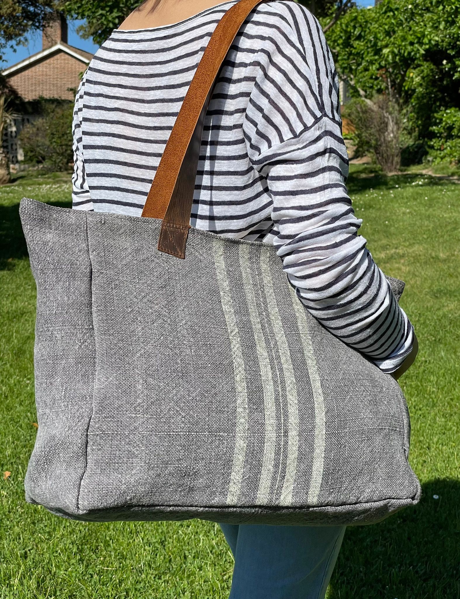 Bolso Shopper de lino y piel Bolso Shopper de lino y piel