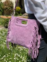 Bolso Bandolera de Piel de Serraje con Flecos Decorativos para Mujer