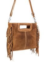 Bolso Bandolera de Piel de Serraje con Flecos Decorativos para Mujer