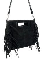 Bolso Bandolera de Piel de Serraje con Flecos Decorativos para Mujer