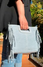 Bolso Bandolera de Piel de Serraje con Flecos Decorativos para Mujer