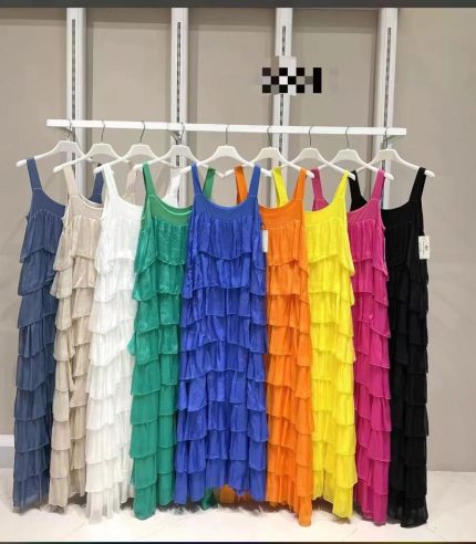 Vestido seda escalonado largo colorido